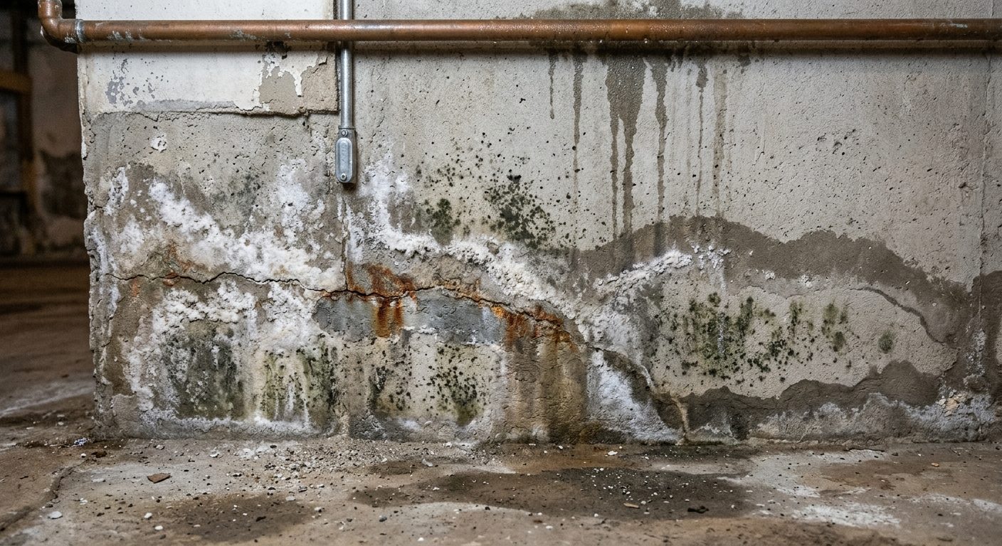 Fugtige kaldesvægge med mørkere områder der viser fugtindtrængning og mulig skimmelgrowth