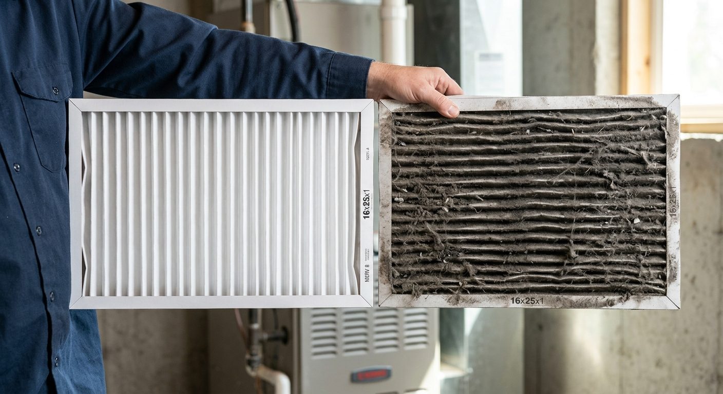 Sammenligning af rent og beskidt luftfilter til hjemmets ventilationssystem