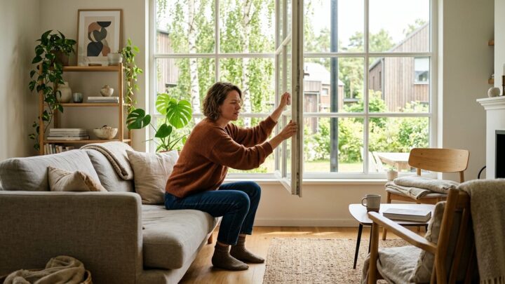 Person åbner vindue i stue for at forbedre indeklima og luftkvalitet