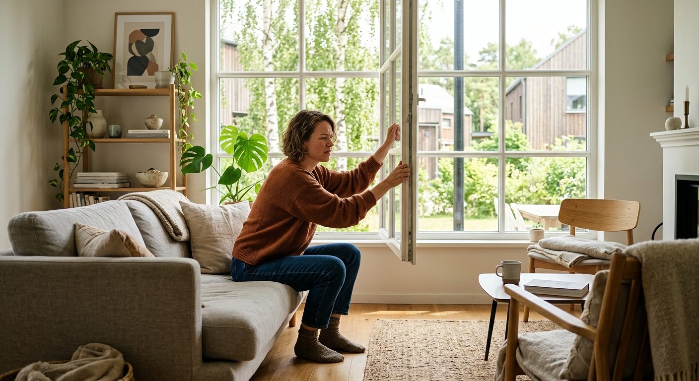 Person åbner vindue i stue for at forbedre indeklima og luftkvalitet