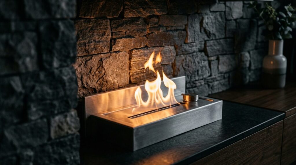 Close-up detail shot of a stainless steel bioethanol firepla