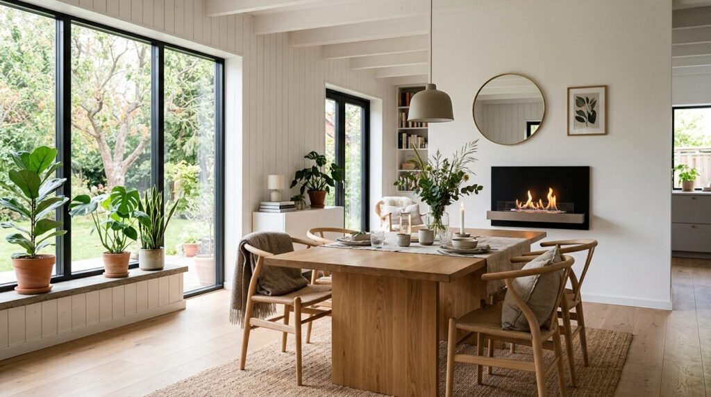 Bright Scandinavian dining room interior with a contemporary