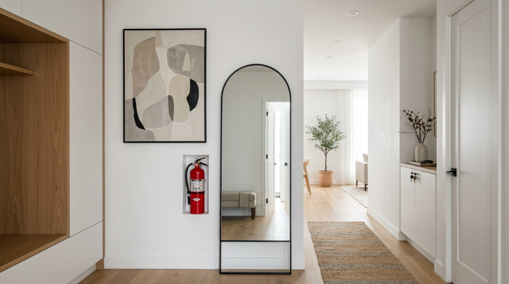 Interior design scene showing a fire extinguisher integrated