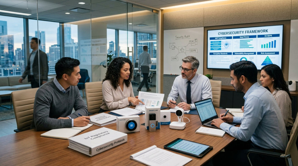 Business meeting scene in a modern office with tech product 