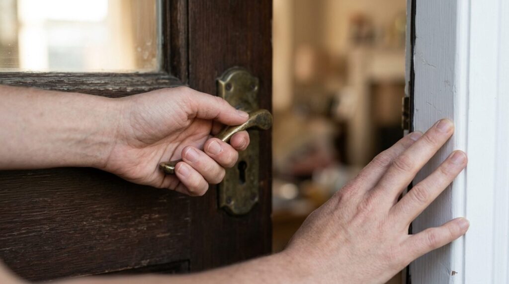 Close-up photorealistic image of hands hesitating at a front
