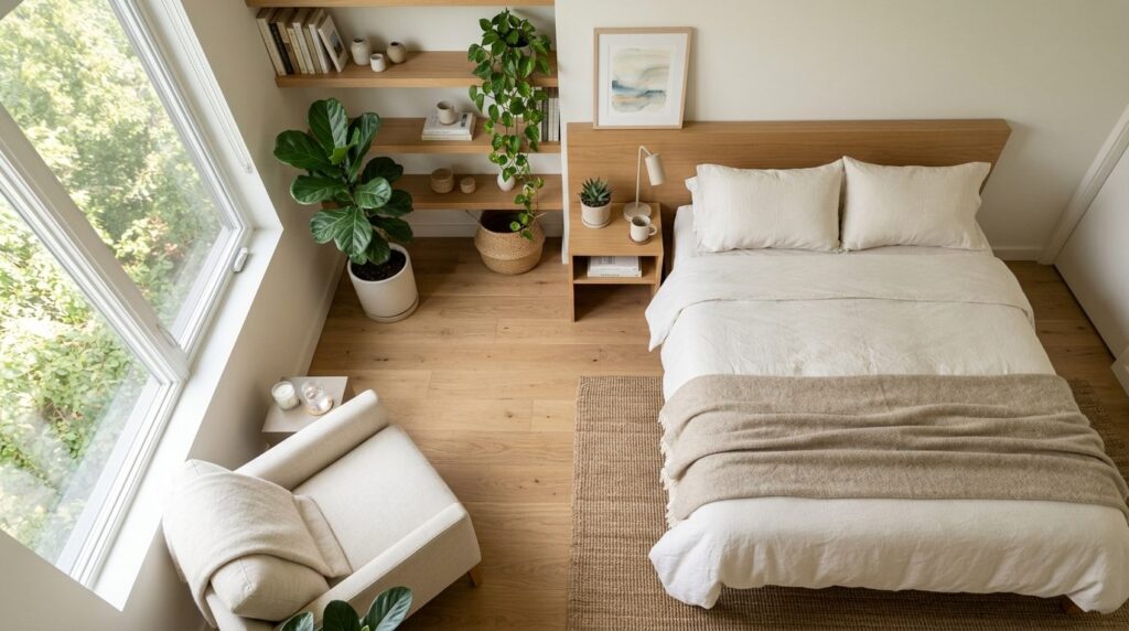 Photorealistic overhead view of a minimalist, calm, well-org