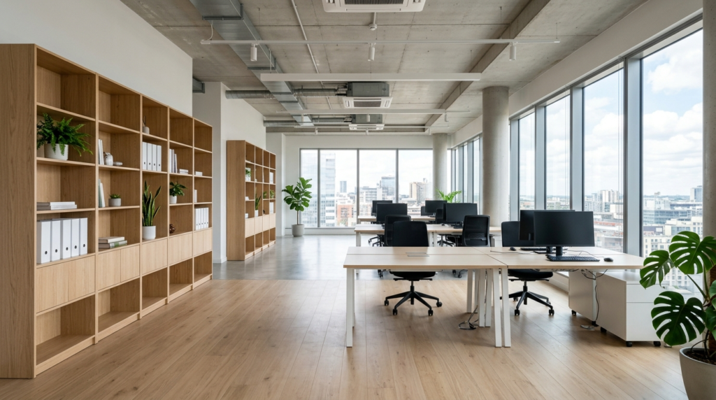 Wide angle photograph of empty modern office with clean desk