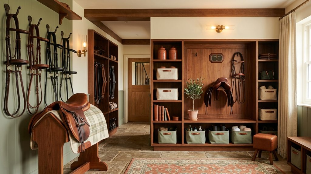 A carefully styled equestrian tack room with interior design