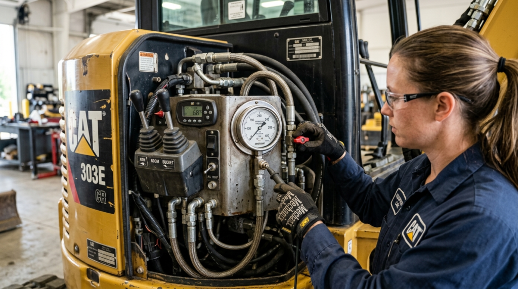 Professional maintenance scene showing close-up of hydraulic