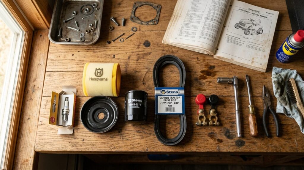 Close-up flatlay photograph of garden tractor maintenance it