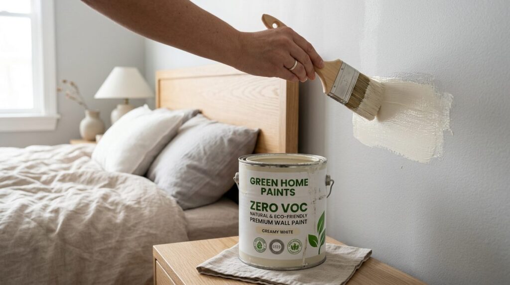 Close-up of a paint can labeled with eco-certifications and 