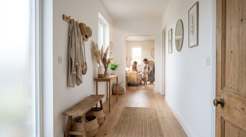 Serene Nordic interior hallway with fresh, clean white walls