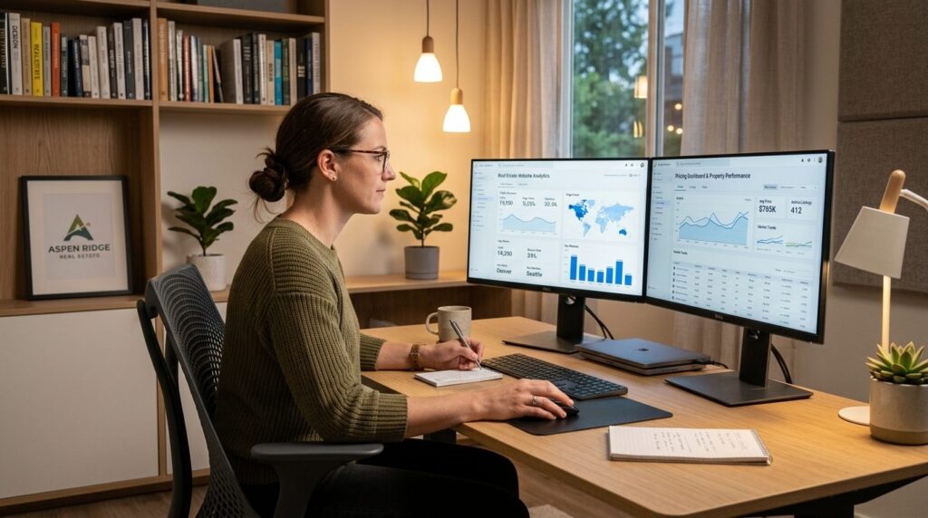 Modern home office interior with designer sitting at desk re