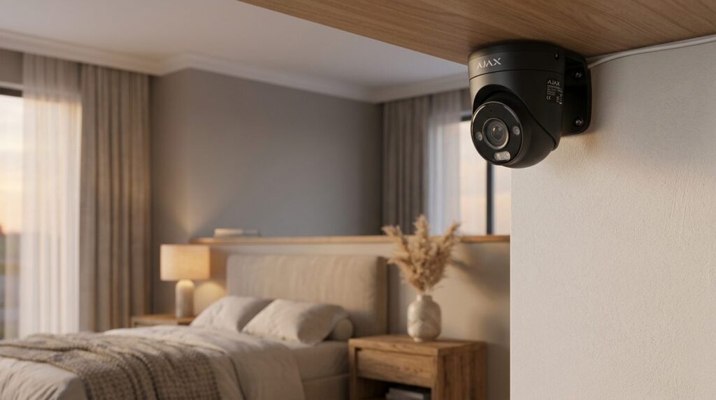 Close-up view of Ajax video surveillance camera mounted in c
