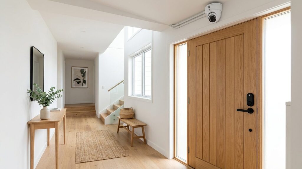Modern home entryway with professional security camera syste