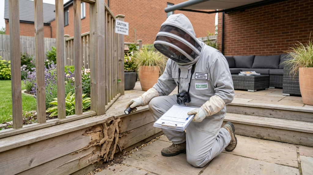 Professional licensed technician in protective suit inspecti