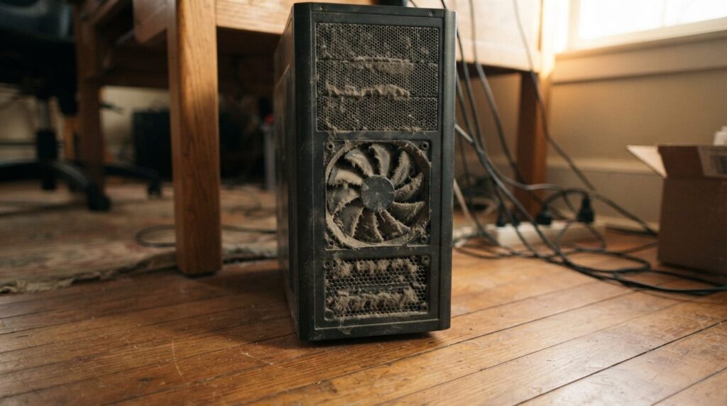 Close-up photorealistic view of a desktop computer tower wit