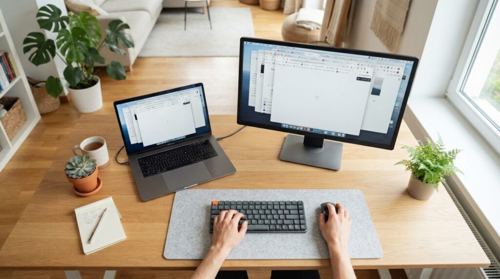 Overhead view of a clean, organized home office workspace wi