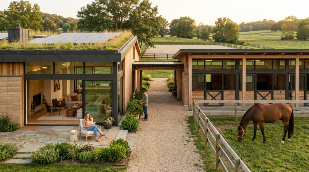 Lifestyle photograph of a contemporary home and stable compl