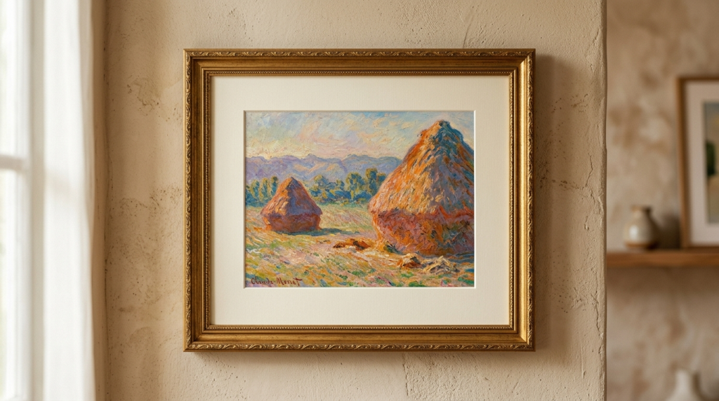 Close-up detail of a framed Claude Monet Haystacks impressio