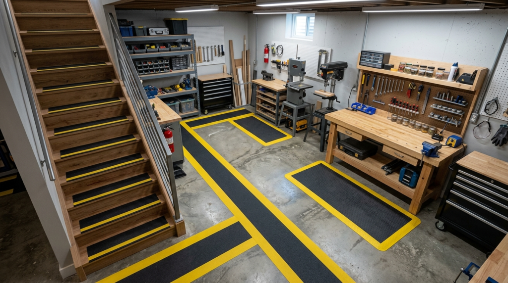 Realistic overhead view of a basement hobby workspace with p