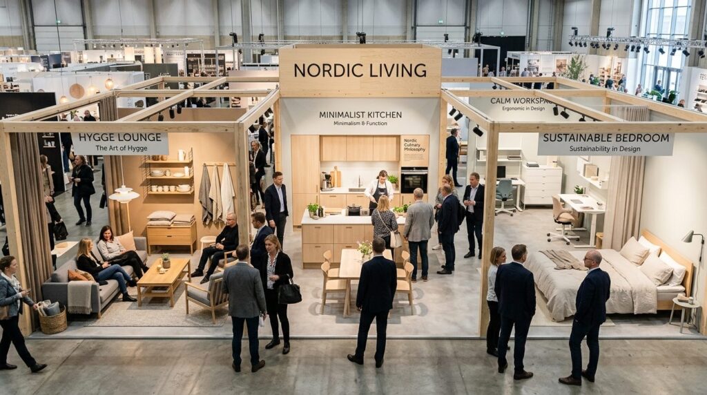 Wide-angle photograph of an interior design exhibition booth
