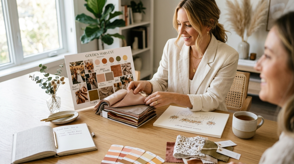 Close-up professional photograph of a curated event planning