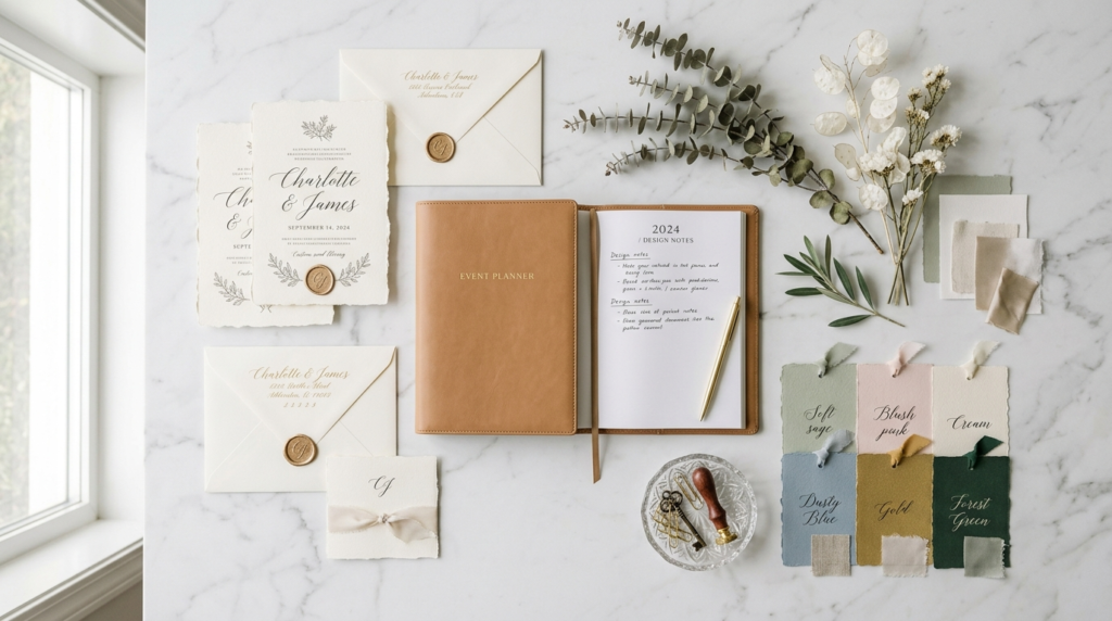 Overhead flat lay photograph of meticulously arranged event