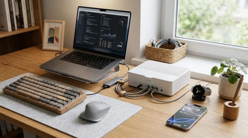 Close-up detail shot of a modern home office desk setup in 2