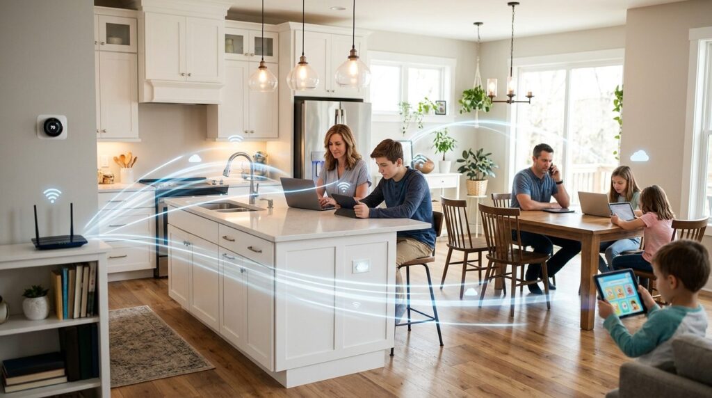 Bright contemporary kitchen-dining area with family members