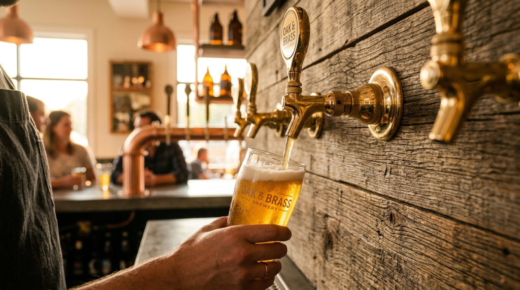 Close-up detail shot of a polished brass beer tap dispenser