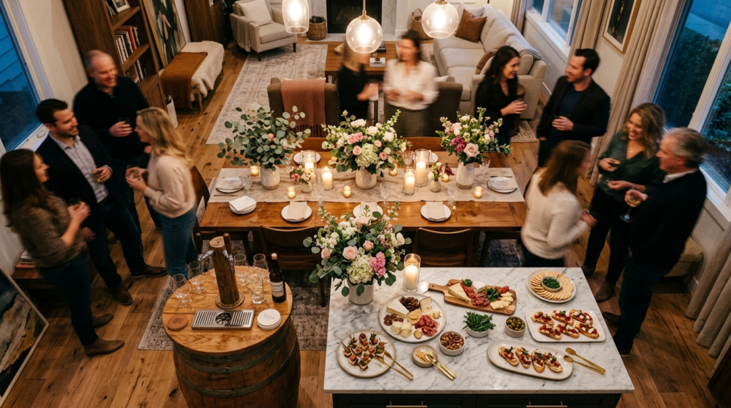 Overhead view of an elegantly styled home gathering space wi