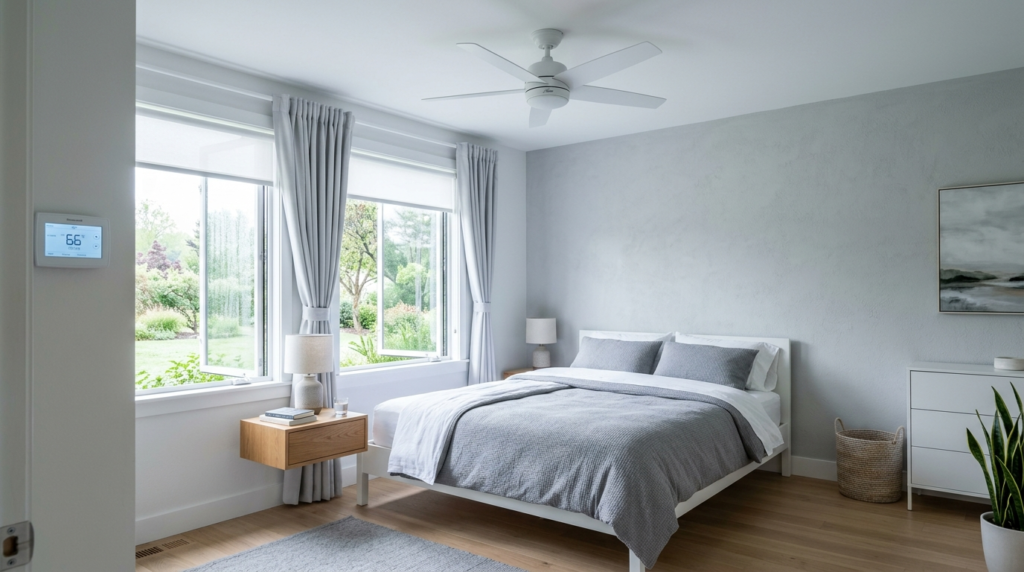 Modern bedroom interior showing climate control elements - o