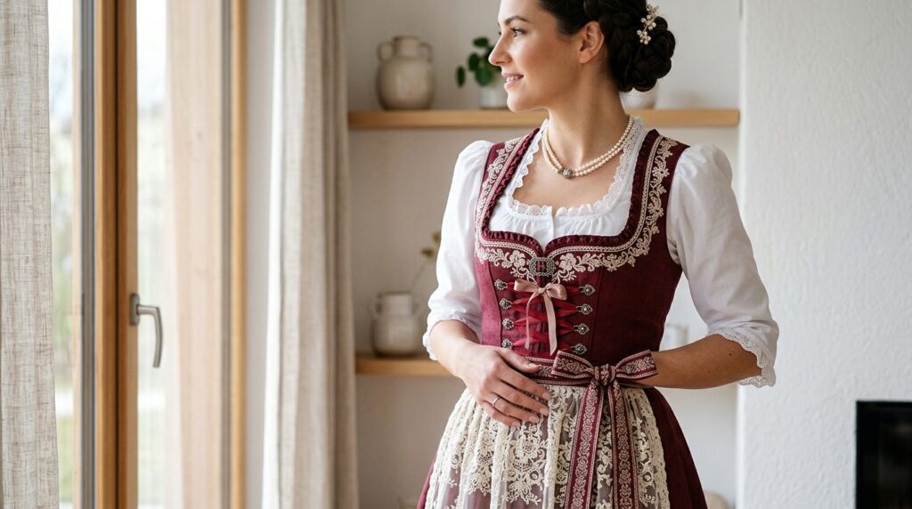 Close-up detail shot of a woman wearing a burgundy and cream