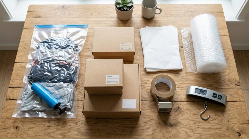 Close-up overhead shot of smart packing supplies arranged on