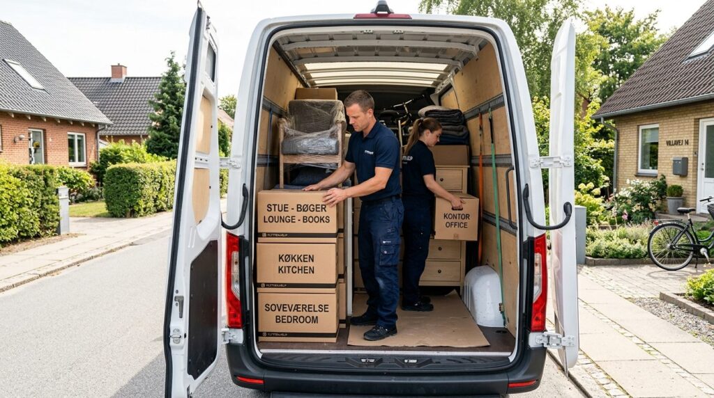 Realistic photograph of a spacious moving van interior being