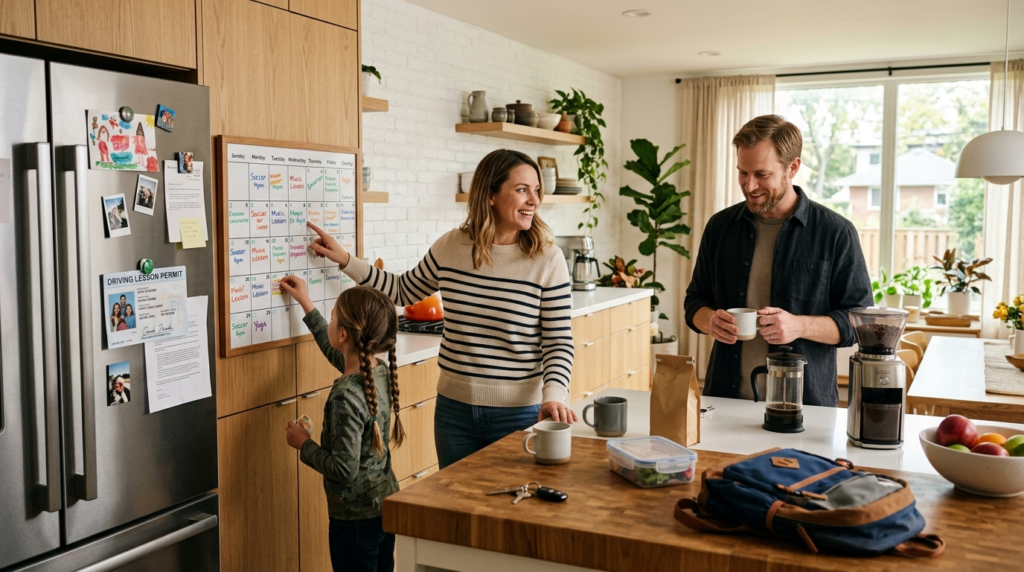 Busy young family in contemporary kitchen planning their wee