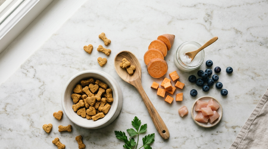 Close-up flat lay of premium grain-free dog treats arranged