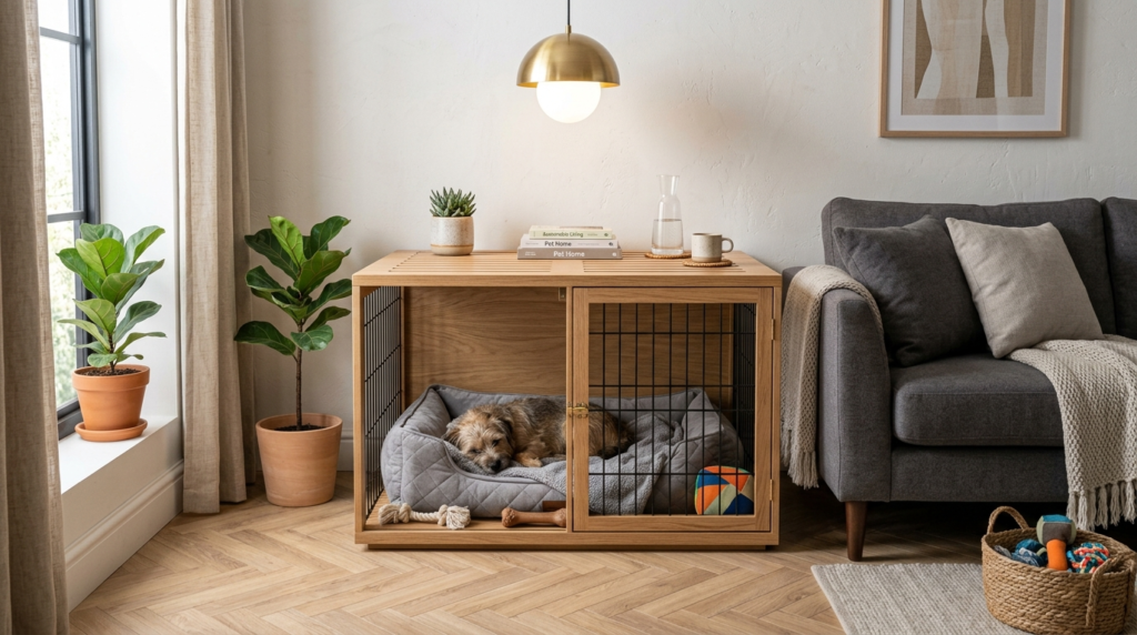 Stylish home interior detail: a modern dog crate designed as