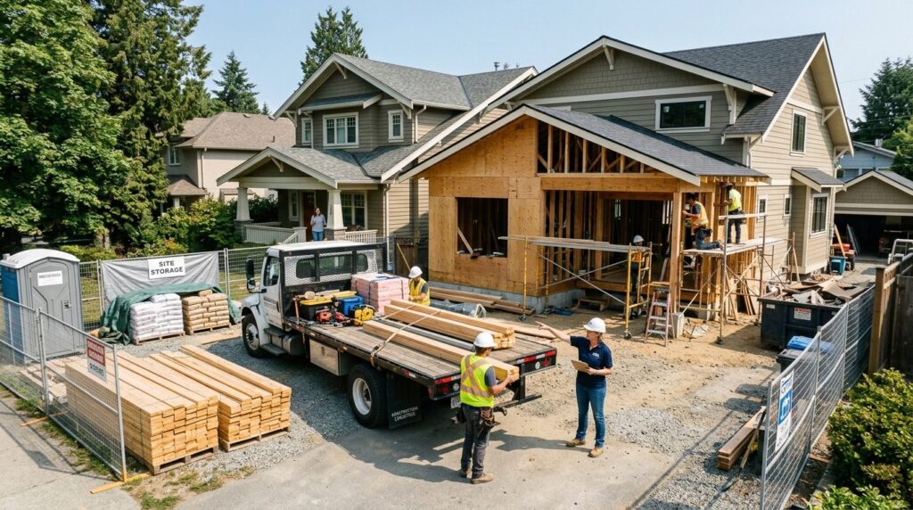 Wide shot of a residential renovation project showing a prof