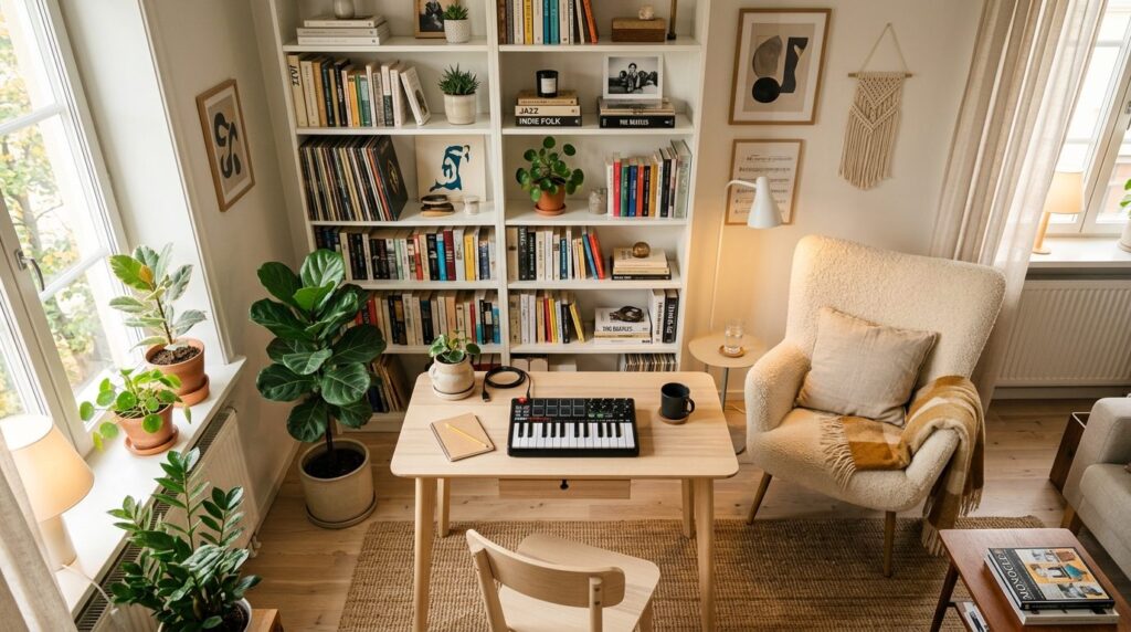 Wide overhead lifestyle shot of a home music corner featurin