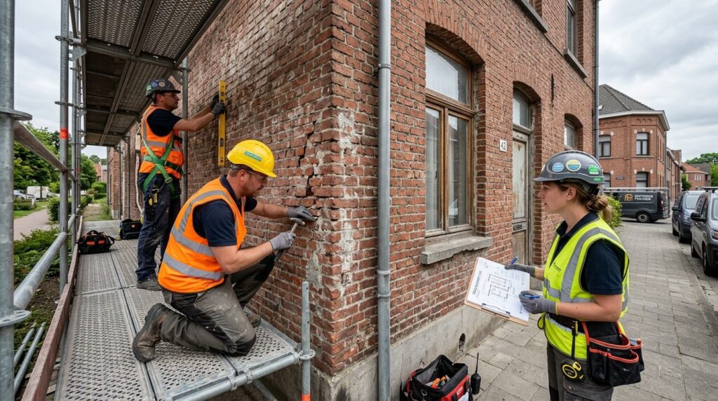 Professional facade renovation team assessing an older resid