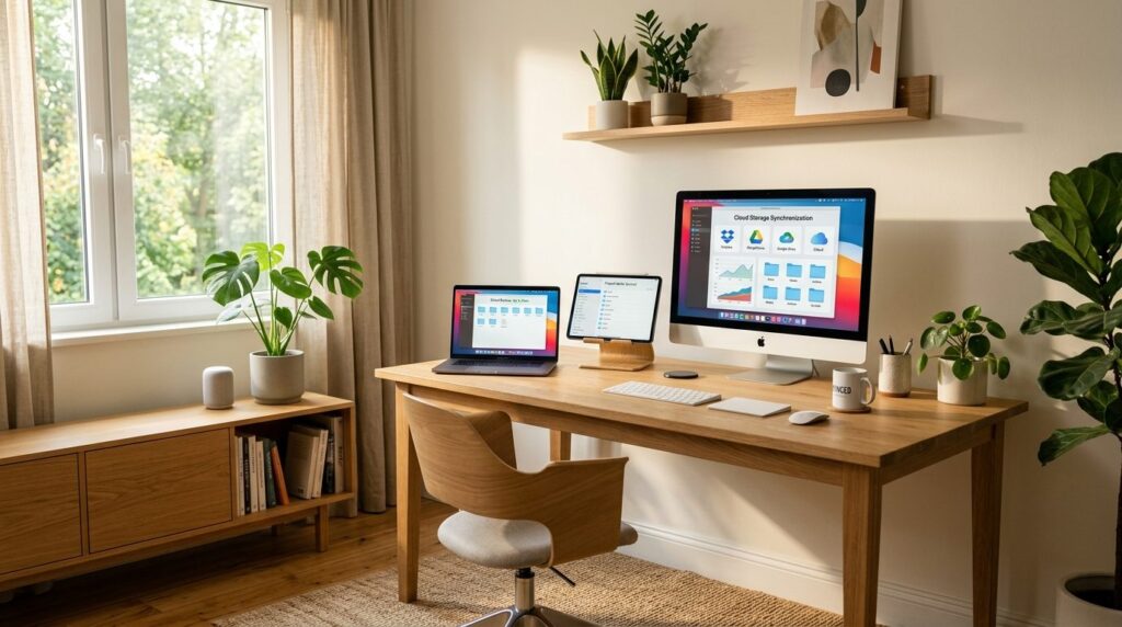 Modern home office interior in warm Scandinavian style, feat