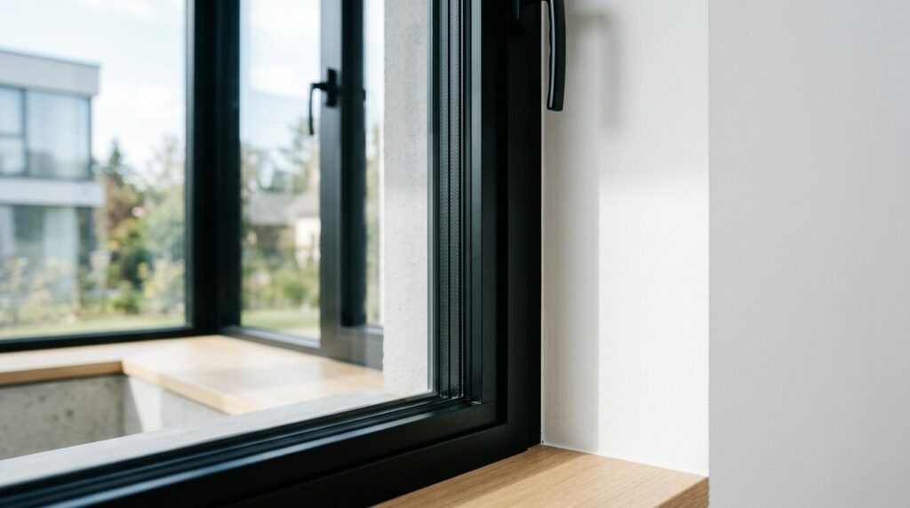 Close-up detail of sleek black aluminum fixed frame window p