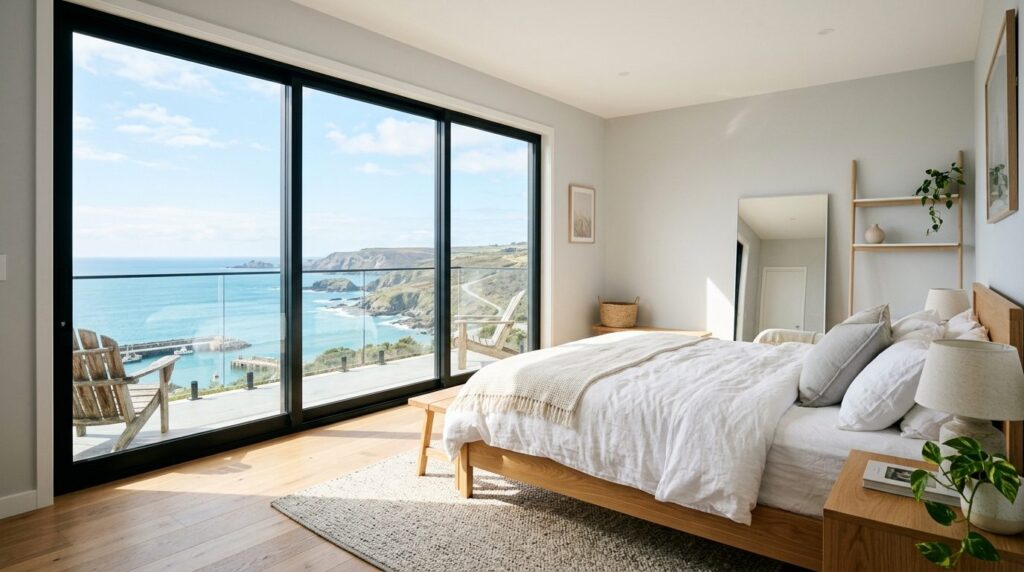 Contemporary Scandinavian bedroom with expansive fixed frame