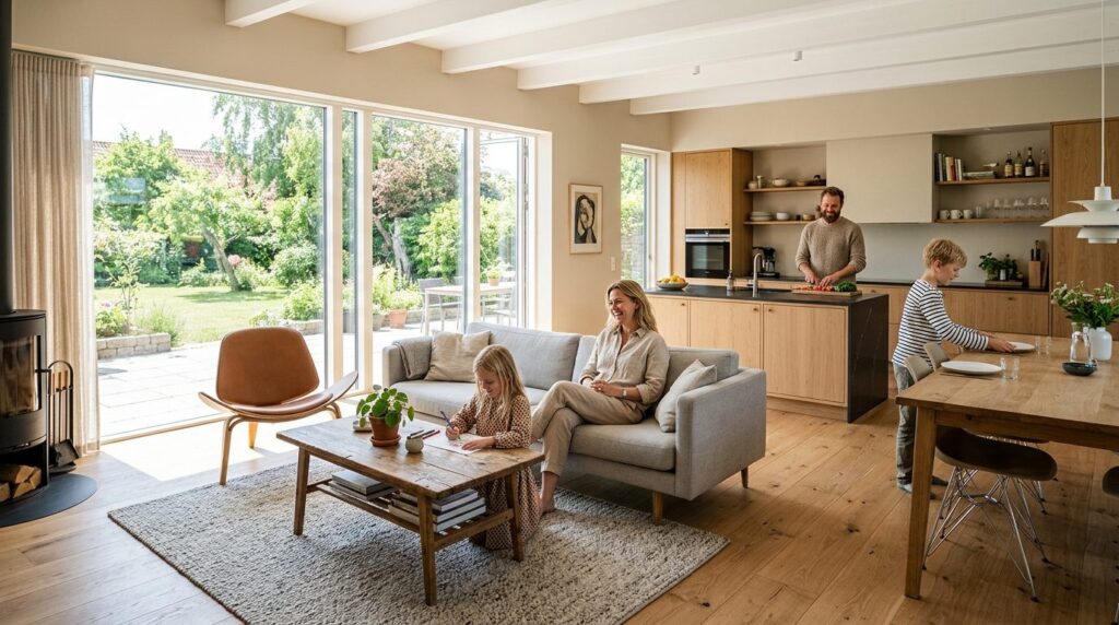 Spacious modern open-plan living room and kitchen in newly e