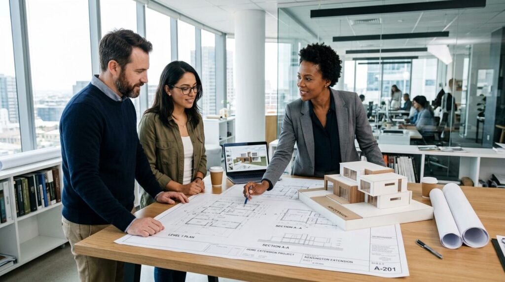 Architect and homeowners reviewing building plans and 3D mod