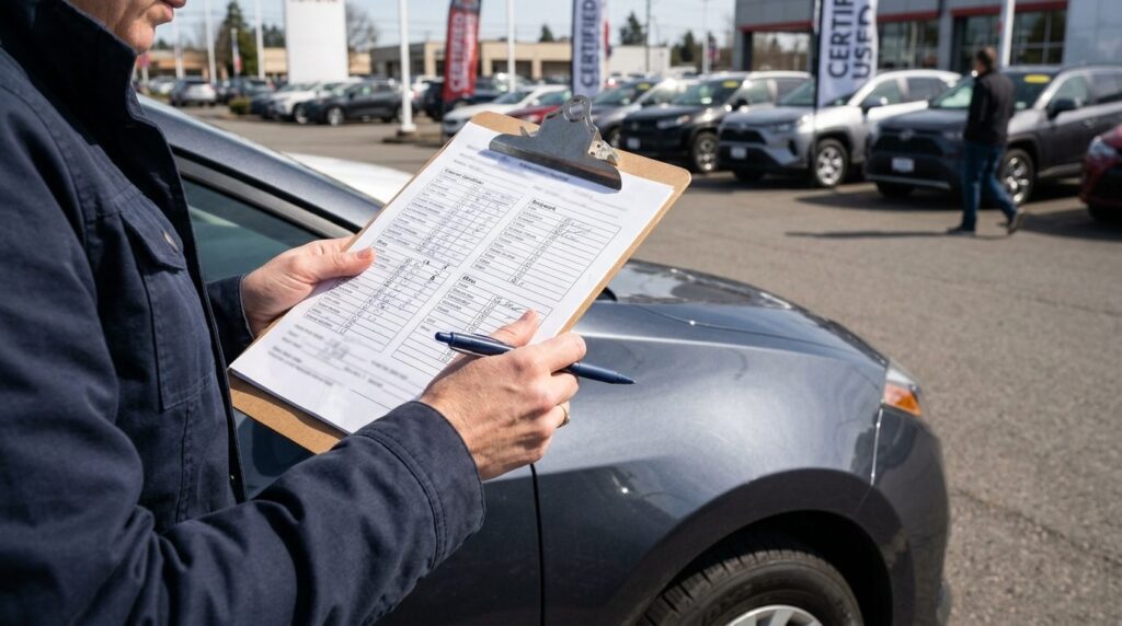 Close-up stockfoto of a womans hands holding a car inspecti