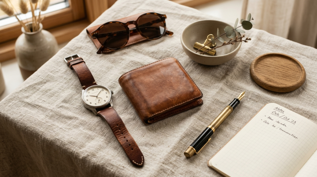 Flat lay composition of a leather strap watch positioned on